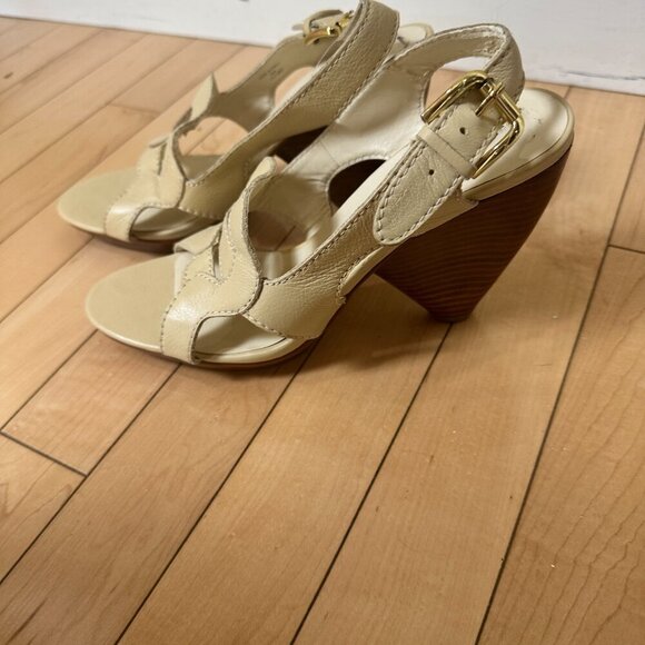 MAX STUDIO Cream Nude Platform Wood Heels Sandals Size 8.5 - Picture 9 of 14